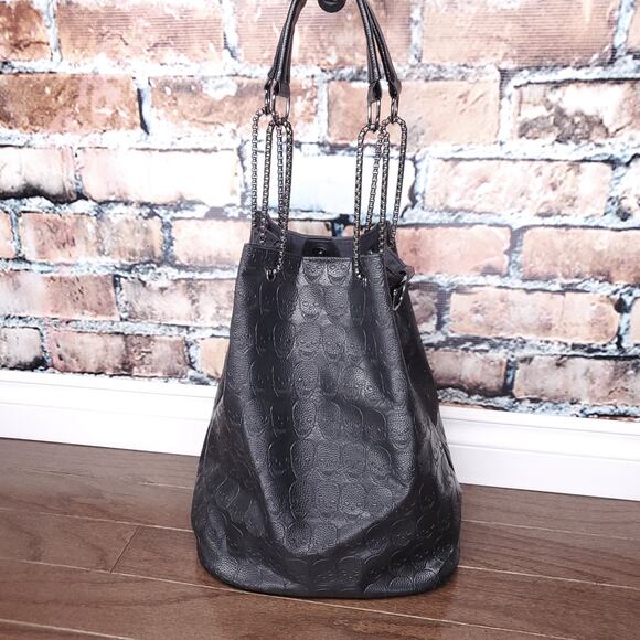 Skull Embossed Bucket Bag Tote Black Shopper Purse Chain Gothic Punk Alternative - Picture 5 of 11
